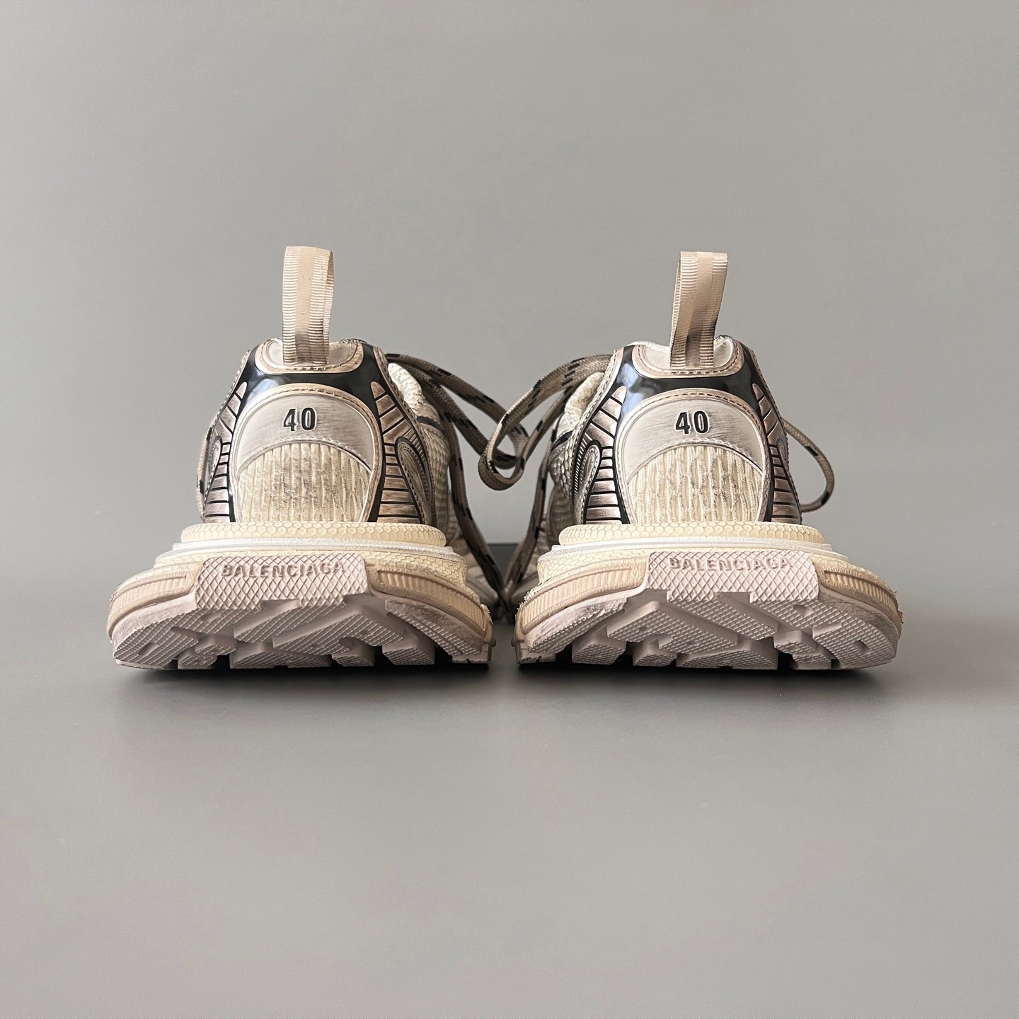 AuroraCustom Balenciaga 3XL Series Alabaster Cream & Pale Tan Vintage Distressed Avant-Garde Luxury Multi-Lace Running Trainer (Unisex Edition) - Image 5