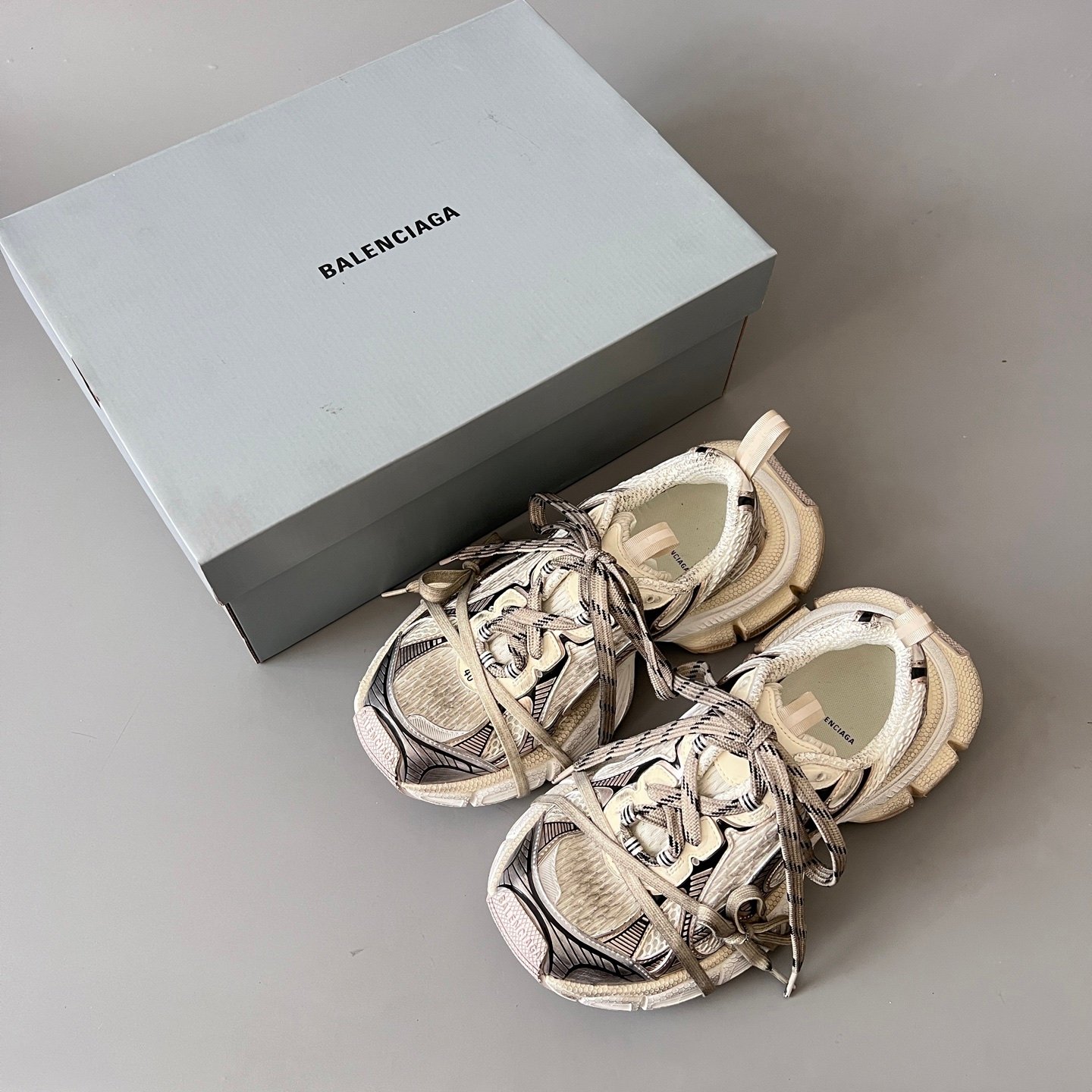 AuroraCustom Balenciaga 3XL Series Alabaster Cream & Pale Tan Vintage Distressed Avant-Garde Luxury Multi-Lace Running Trainer (Unisex Edition) - Image 9