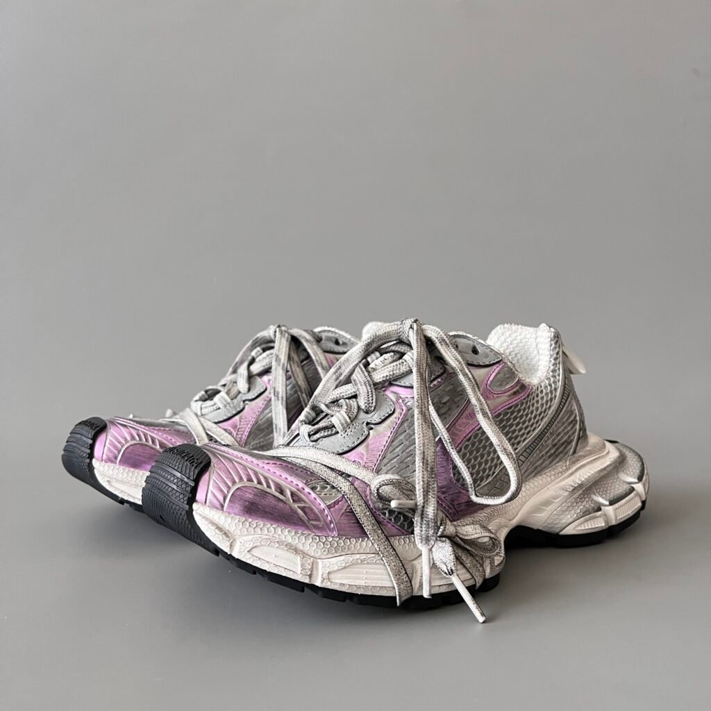 AuroraCustom Balenciaga 3XL Series Metallic Silver & Light Lavender Pink Vintage Distressed Avant-Garde Luxury Multi-Lace Running Trainer (Unisex Edition)