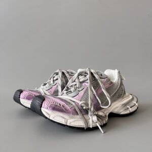 AuroraCustom Balenciaga 3XL Series Metallic Silver & Light Lavender Pink Vintage Distressed Avant-Garde Luxury Multi-Lace Running Trainer (Unisex Edition)
