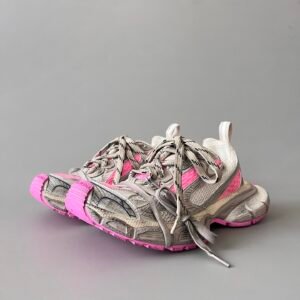 AuroraCustom Balenciaga 3XL Series Grey Mist & Candy Pink Distressed Avant-Garde Luxury Multi-Lace Running Trainer (Unisex Edition)