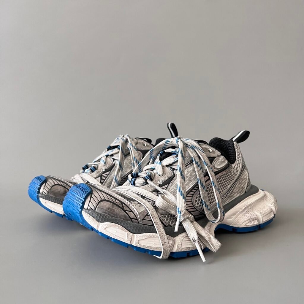 AuroraCustom Balenciaga 3XL Series Metallic Silver & Electric Blue Vintage Distressed Avant-Garde Luxury Running Trainer (Unisex Edition)