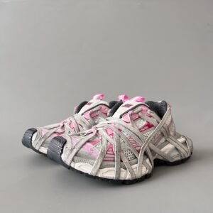 AuroraCustom Balenciaga 3XL Series Light Grey & Candy Pink Distressed Avant-Garde Luxury Multi-Lace Running Trainer (Unisex Edition)