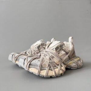 AuroraCustom Balenciaga 3XL Series Alabaster Cream & Pale Sand Vintage Distressed Avant-Garde Luxury Multi-Lace Running Trainer (Unisex Edition)