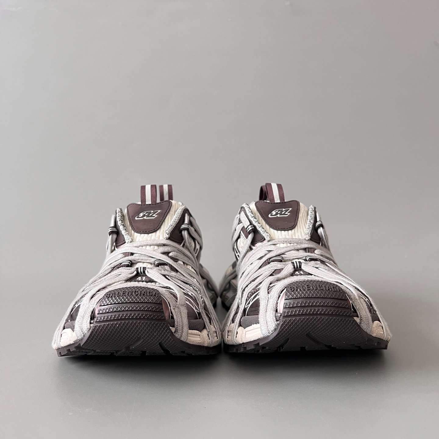 AuroraCustom Balenciaga 3XL Series Mud-Washed Coffee Brown & Alabaster Cream Vintage Distressed Avant-Garde Luxury Multi-Lace Running Trainer (Unisex Edition) - Image 2
