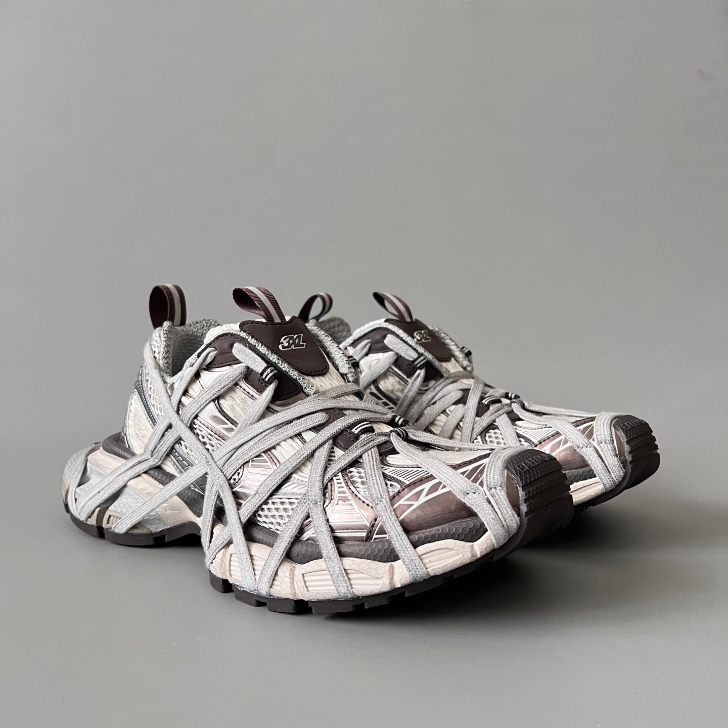 AuroraCustom Balenciaga 3XL Series Mud-Washed Coffee Brown & Alabaster Cream Vintage Distressed Avant-Garde Luxury Multi-Lace Running Trainer (Unisex Edition) - Image 3