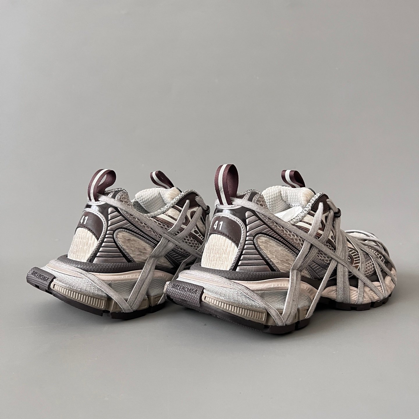 AuroraCustom Balenciaga 3XL Series Mud-Washed Coffee Brown & Alabaster Cream Vintage Distressed Avant-Garde Luxury Multi-Lace Running Trainer (Unisex Edition) - Image 4