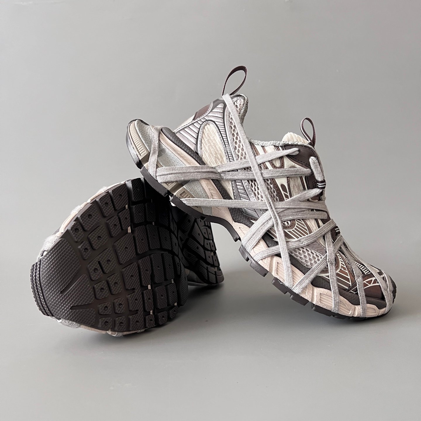 AuroraCustom Balenciaga 3XL Series Mud-Washed Coffee Brown & Alabaster Cream Vintage Distressed Avant-Garde Luxury Multi-Lace Running Trainer (Unisex Edition) - Image 7