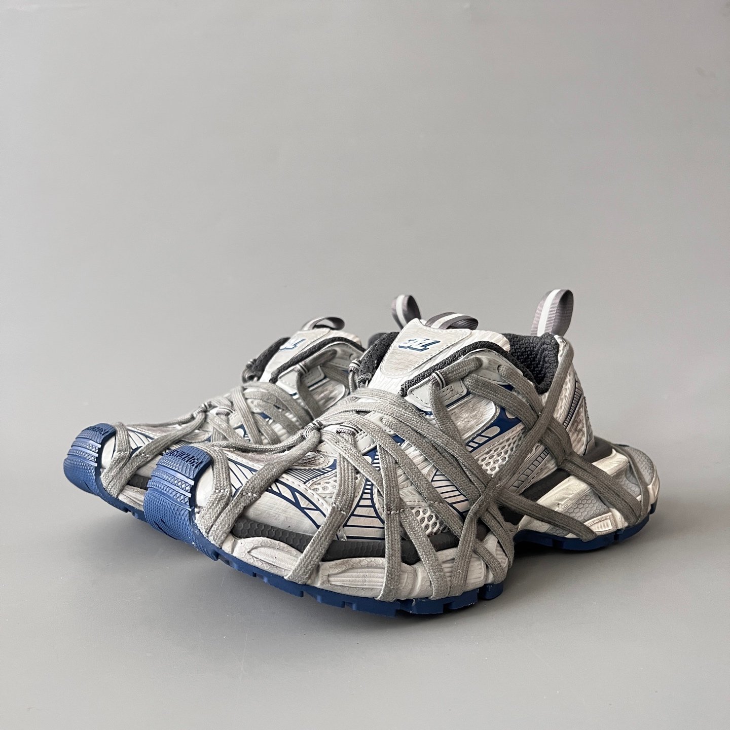 AuroraCustom Balenciaga 3XL Series Light Grey & Steel Blue Vintage Distressed Avant-Garde Luxury Multi-Lace Running Trainer (Unisex Edition)