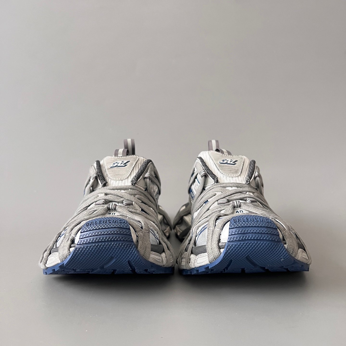 AuroraCustom Balenciaga 3XL Series Light Grey & Steel Blue Vintage Distressed Avant-Garde Luxury Multi-Lace Running Trainer (Unisex Edition) - Image 2