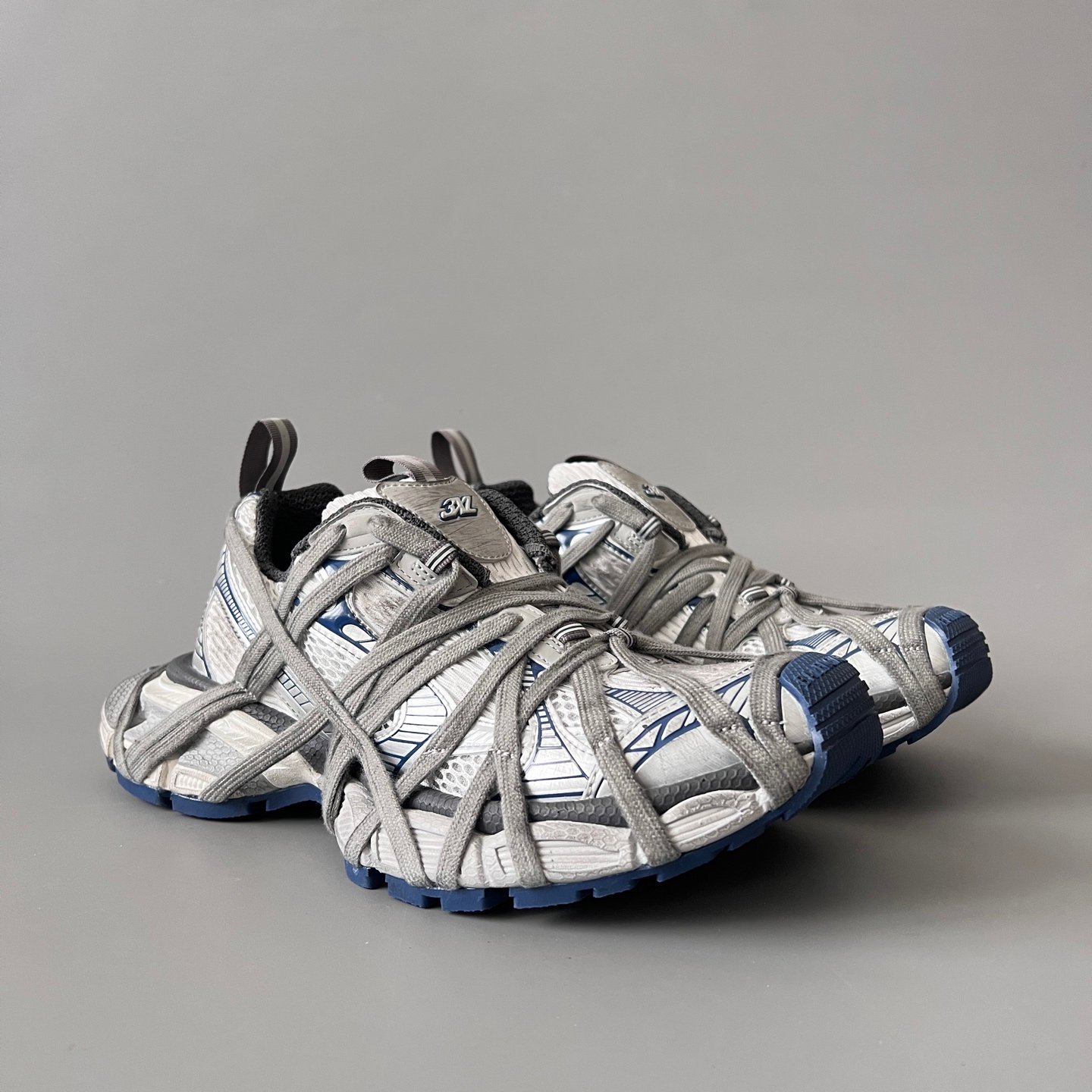 AuroraCustom Balenciaga 3XL Series Light Grey & Steel Blue Vintage Distressed Avant-Garde Luxury Multi-Lace Running Trainer (Unisex Edition) - Image 3