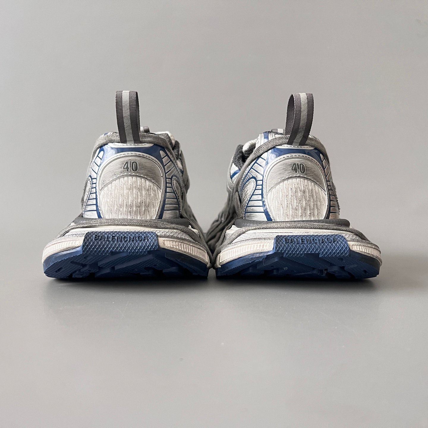 AuroraCustom Balenciaga 3XL Series Light Grey & Steel Blue Vintage Distressed Avant-Garde Luxury Multi-Lace Running Trainer (Unisex Edition) - Image 5