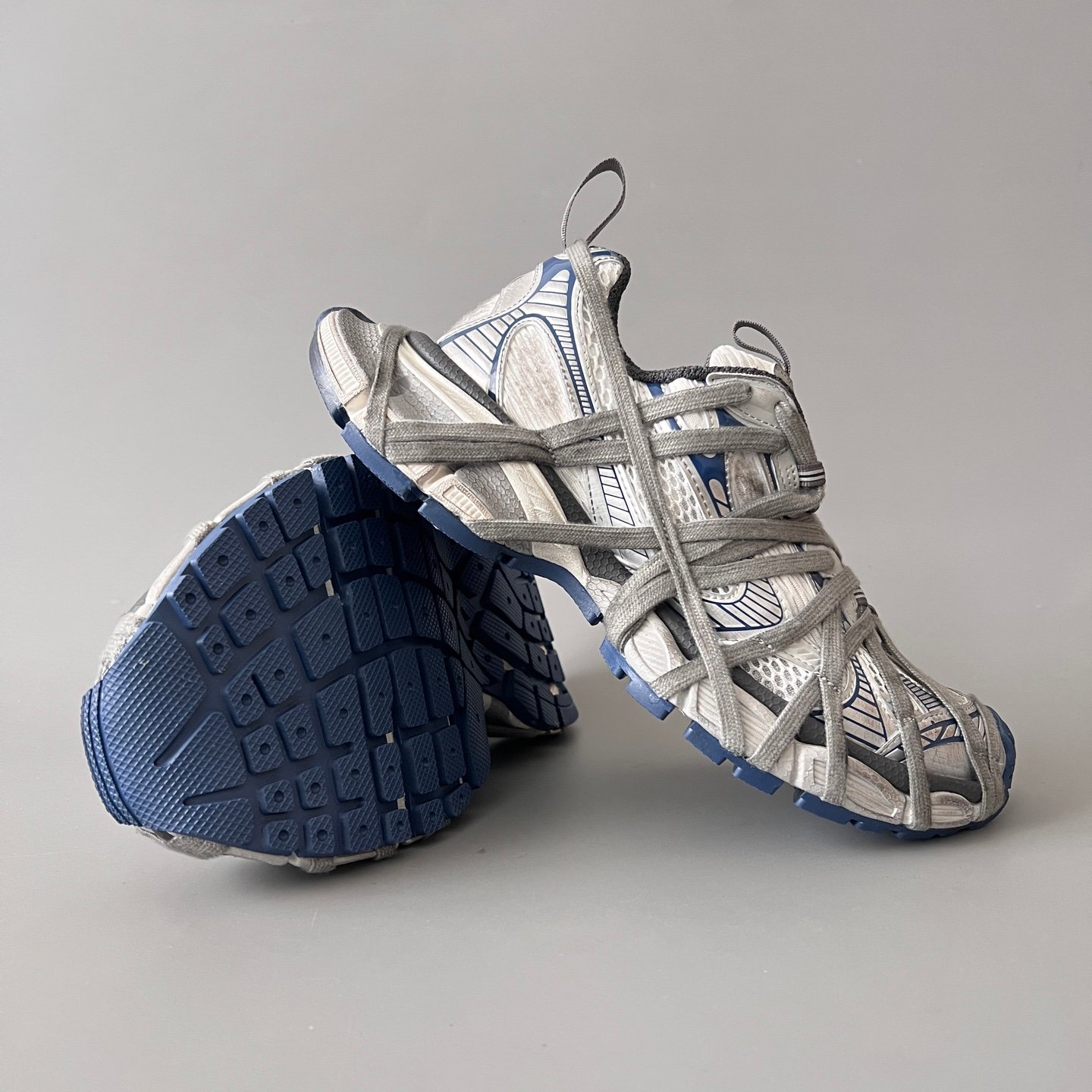 AuroraCustom Balenciaga 3XL Series Light Grey & Steel Blue Vintage Distressed Avant-Garde Luxury Multi-Lace Running Trainer (Unisex Edition) - Image 7