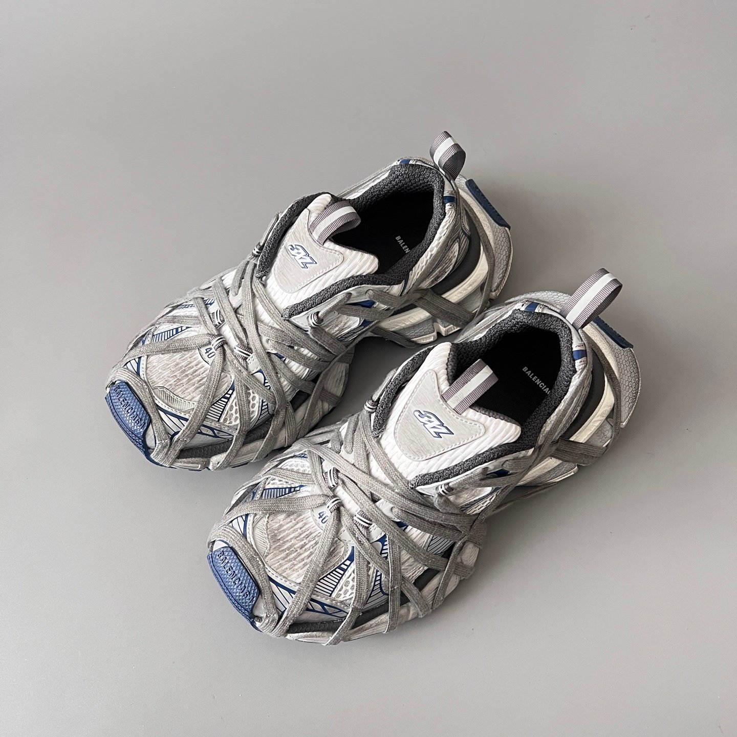 AuroraCustom Balenciaga 3XL Series Light Grey & Steel Blue Vintage Distressed Avant-Garde Luxury Multi-Lace Running Trainer (Unisex Edition) - Image 8