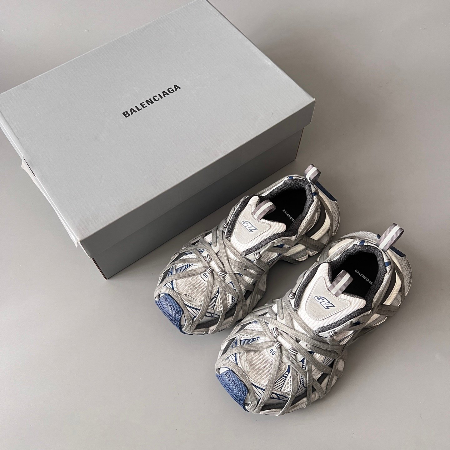 AuroraCustom Balenciaga 3XL Series Light Grey & Steel Blue Vintage Distressed Avant-Garde Luxury Multi-Lace Running Trainer (Unisex Edition) - Image 9