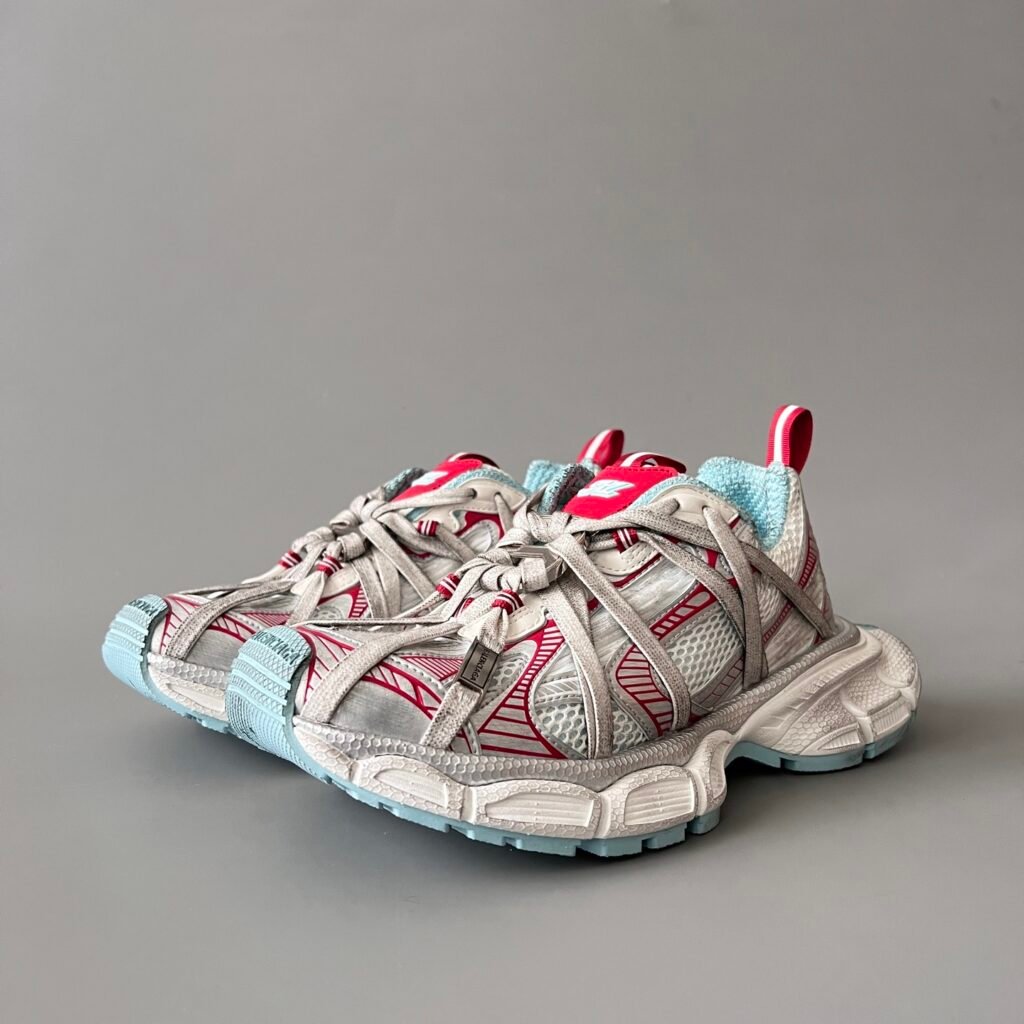 AuroraCustom Balenciaga 3XL Series Alabaster Grey & Hyper Red Crossover Ice Blue Accents Vintage Distressed Avant-Garde Luxury Multi-Lace Running Trainer (Unisex Edition)