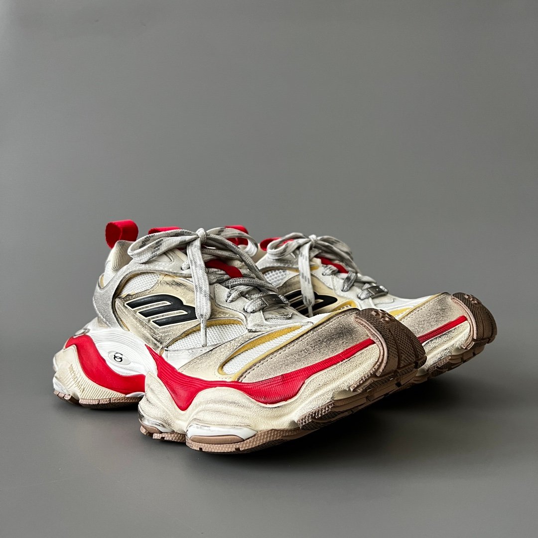 AuroraCustom Balenciaga Cargo Series Alabaster White & Crimson Red Archival Vintage Distressed Oversized Luxury Chunky Trainer (Unisex Edition) - Image 3
