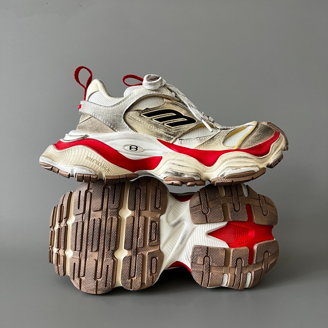 AuroraCustom Balenciaga Cargo Series Alabaster White & Crimson Red Archival Vintage Distressed Oversized Luxury Chunky Trainer (Unisex Edition) - Image 5