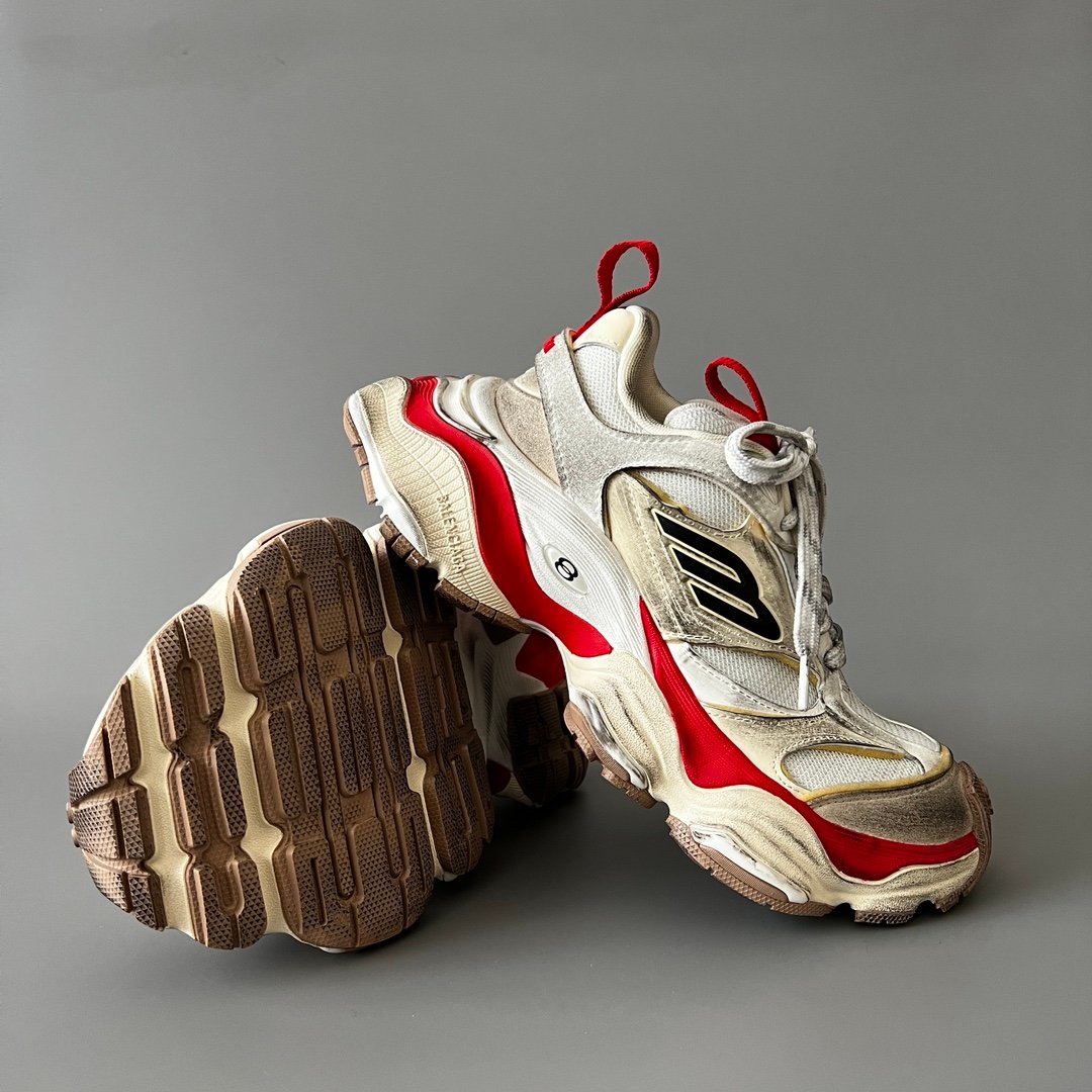 AuroraCustom Balenciaga Cargo Series Alabaster White & Crimson Red Archival Vintage Distressed Oversized Luxury Chunky Trainer (Unisex Edition) - Image 6