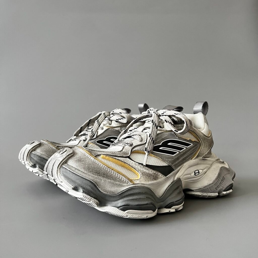 AuroraCustom Balenciaga Cargo Series Alabaster White, Slate Grey & Gold Accent Avant-Garde Luxury Chunky Trainer (Unisex Edition)