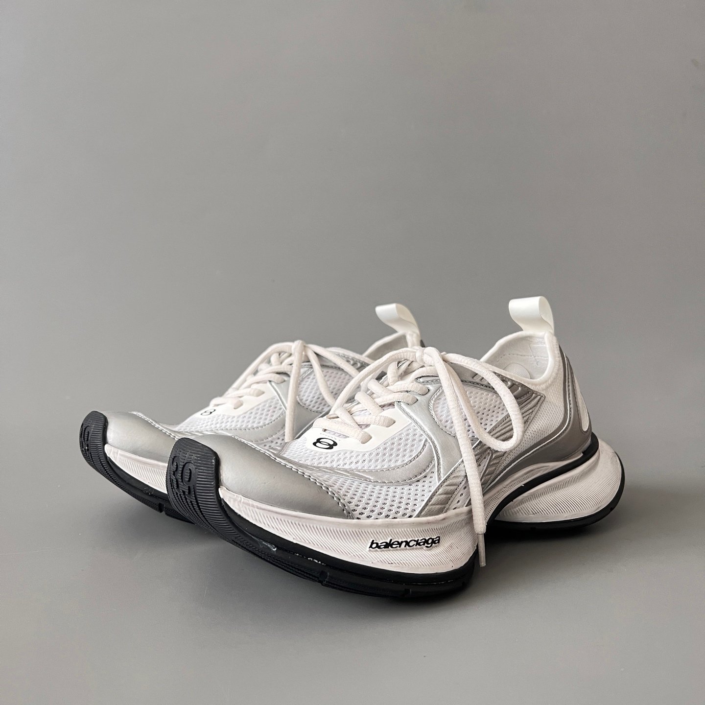 AuroraCustom Balenciaga Circuit Series Alabaster White & Metallic Silver Avant-Garde Luxury Lightweight Runner (Unisex Edition)