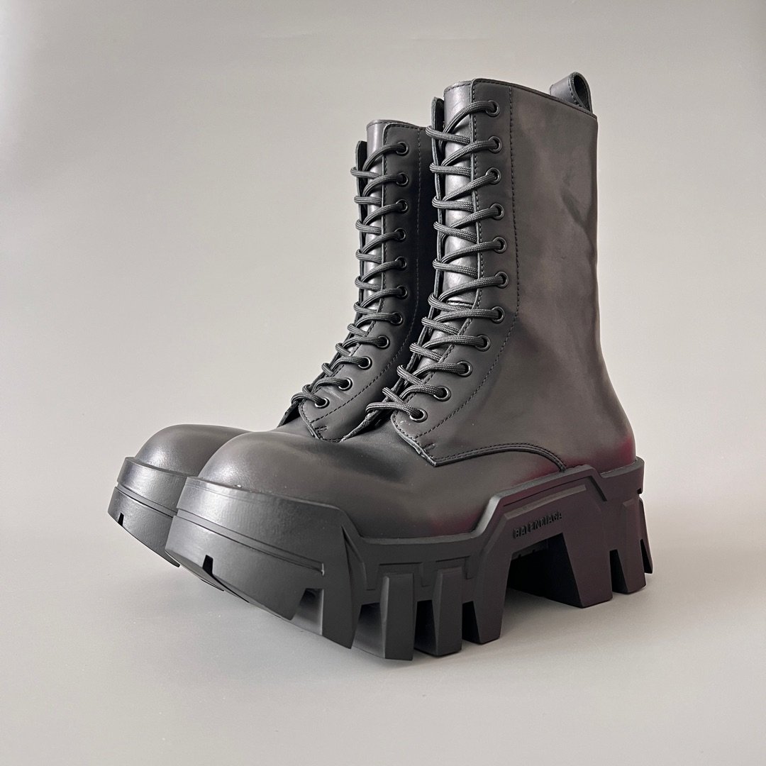AuroraCustom Balenciaga Bulldozer Series Archival Matte Black Premium Leather High-Top Combat Martin Boots (Men's Edition)