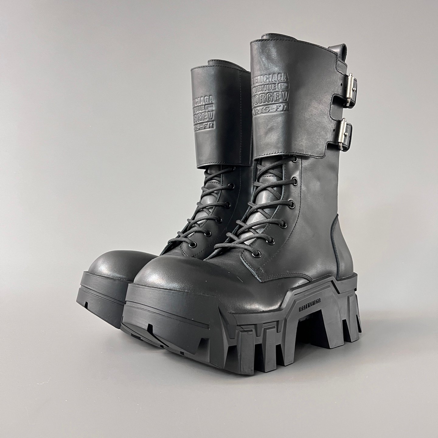 AuroraCustom Balenciaga Bulldozer Series Archival Matte Black Premium Leather High-Top Buckled Engineer Combat Boots (Men's Edition)