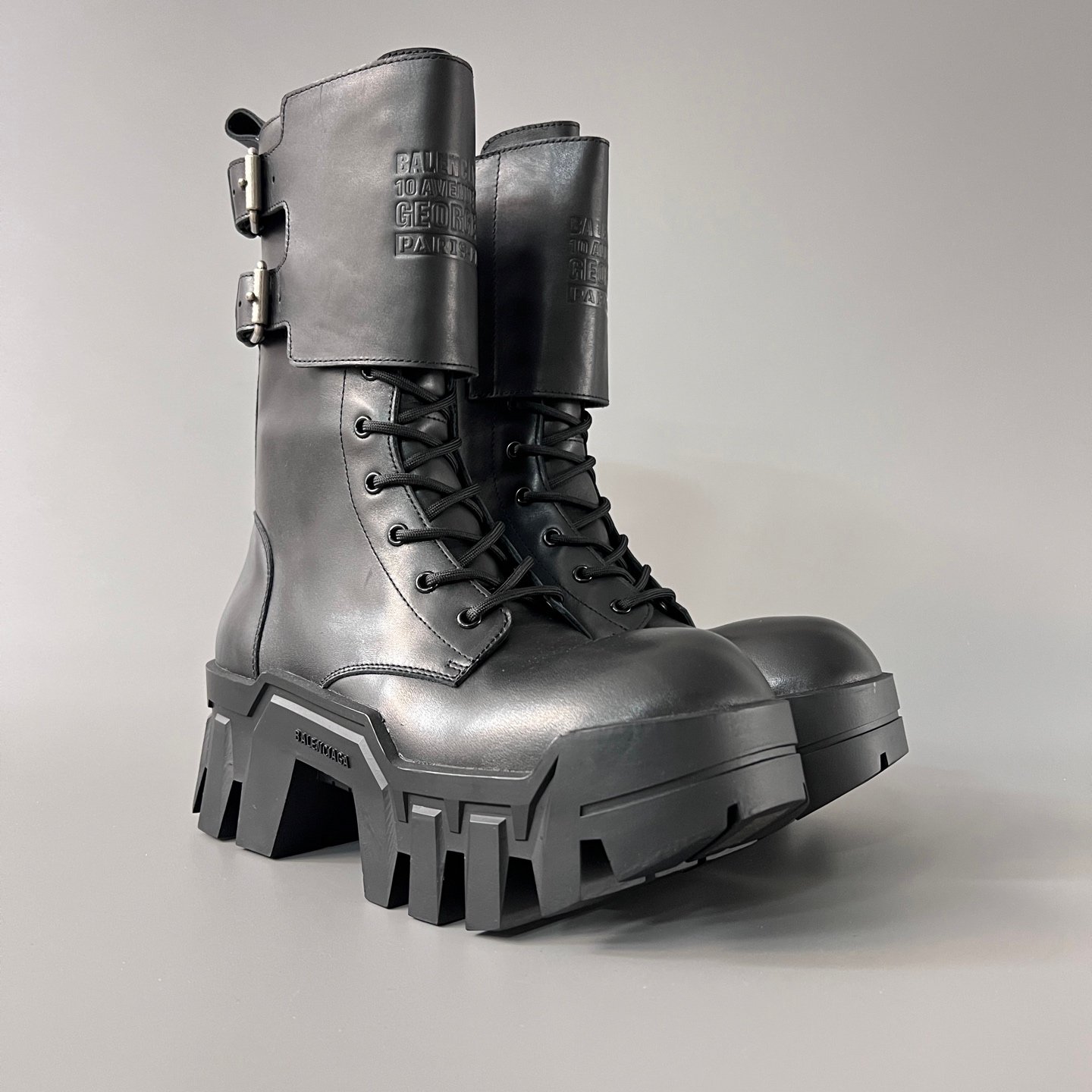 AuroraCustom Balenciaga Bulldozer Series Archival Matte Black Premium Leather High-Top Buckled Engineer Combat Boots (Men's Edition) - Image 3