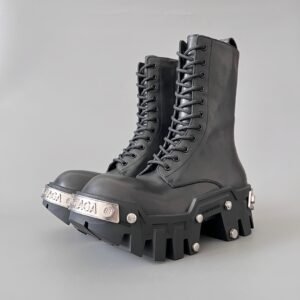 AuroraCustom Balenciaga Bulldozer Series Steel-Clad Chrome Hardware Matte Black Premium Leather Mid-Calf platform Combat Boots (Men's Edition)