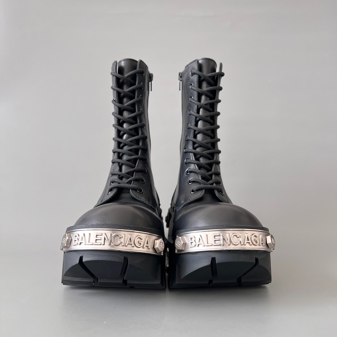 AuroraCustom Balenciaga Bulldozer Series Steel-Clad Chrome Hardware Matte Black Premium Leather Mid-Calf platform Combat Boots (Men's Edition) - Image 2
