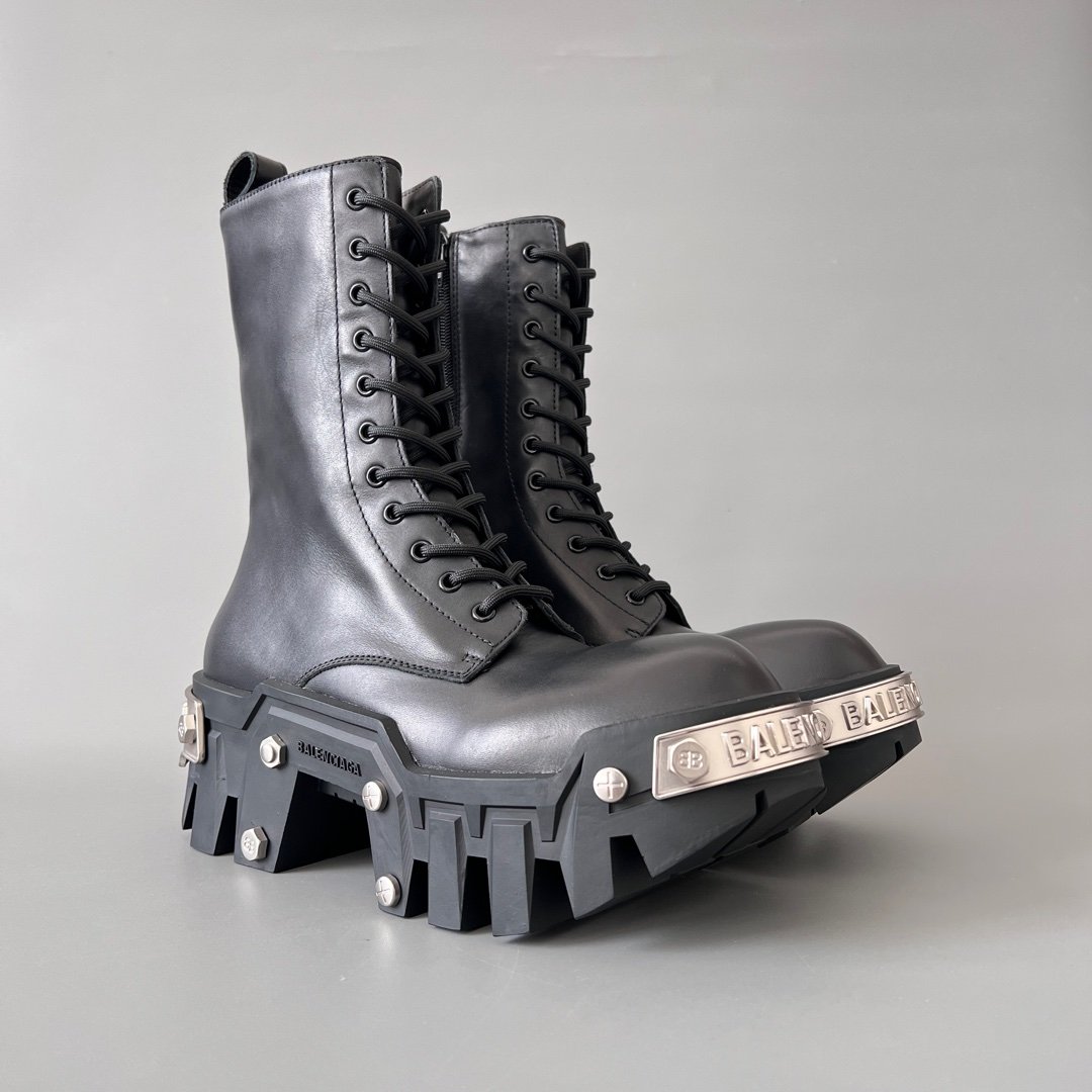 AuroraCustom Balenciaga Bulldozer Series Steel-Clad Chrome Hardware Matte Black Premium Leather Mid-Calf platform Combat Boots (Men's Edition) - Image 3