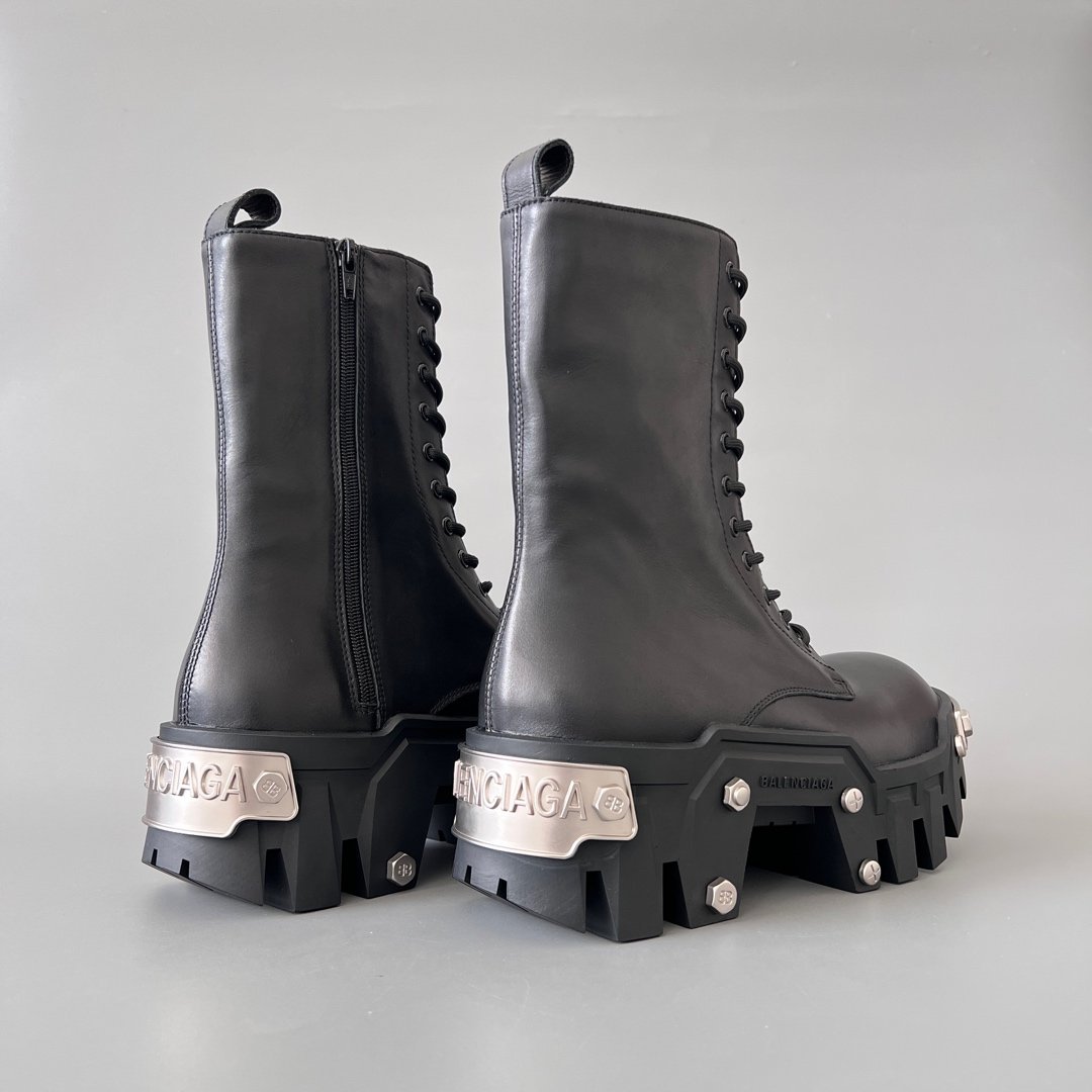 AuroraCustom Balenciaga Bulldozer Series Steel-Clad Chrome Hardware Matte Black Premium Leather Mid-Calf platform Combat Boots (Men's Edition) - Image 4