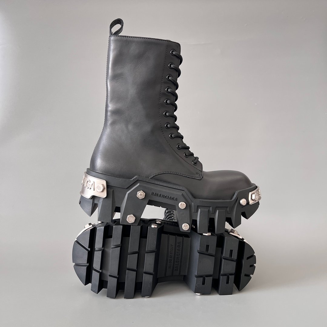 AuroraCustom Balenciaga Bulldozer Series Steel-Clad Chrome Hardware Matte Black Premium Leather Mid-Calf platform Combat Boots (Men's Edition) - Image 6