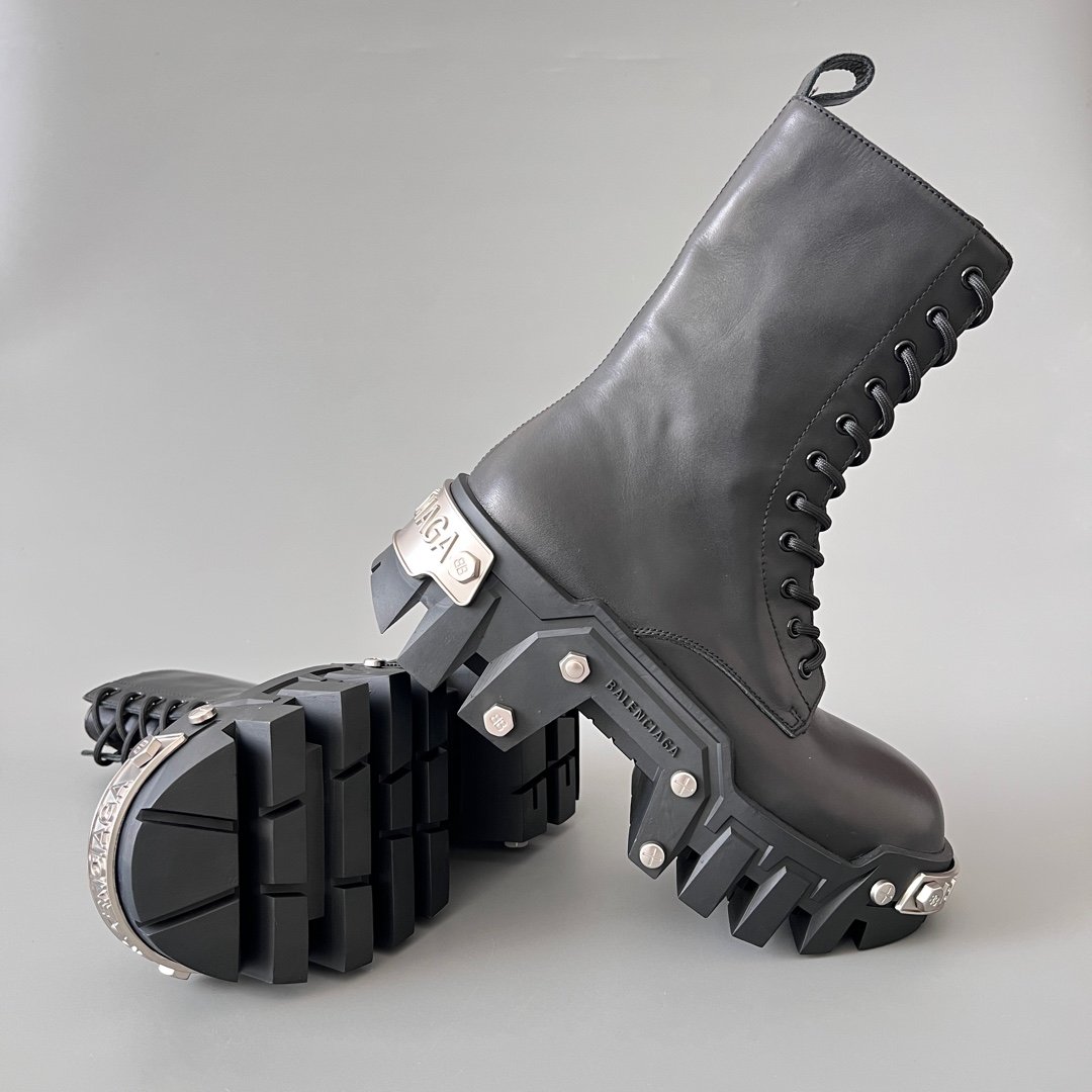 AuroraCustom Balenciaga Bulldozer Series Steel-Clad Chrome Hardware Matte Black Premium Leather Mid-Calf platform Combat Boots (Men's Edition) - Image 7