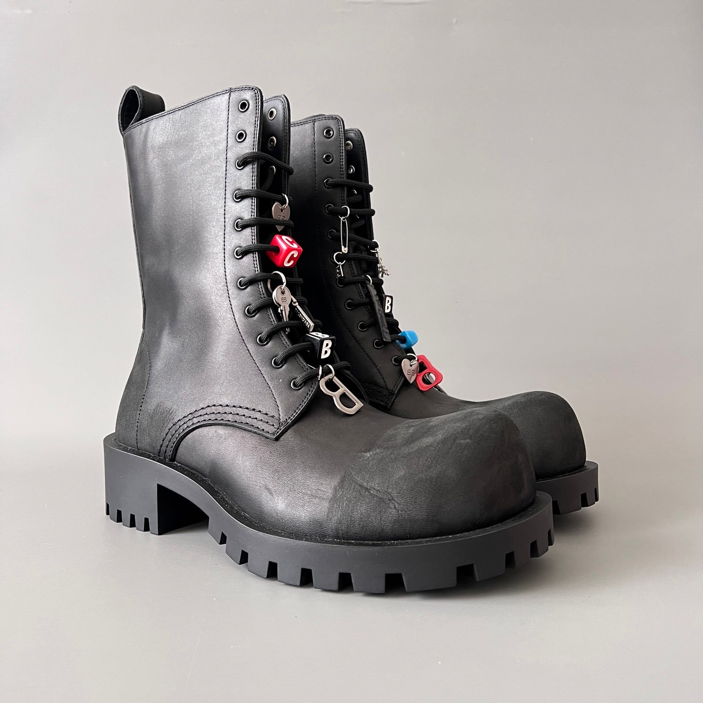 AuroraCustom Balenciaga Strike Series Charm-Adorned Heavily Distressed Matte Calfskin Combat Boots (Men's Edition) - Image 3