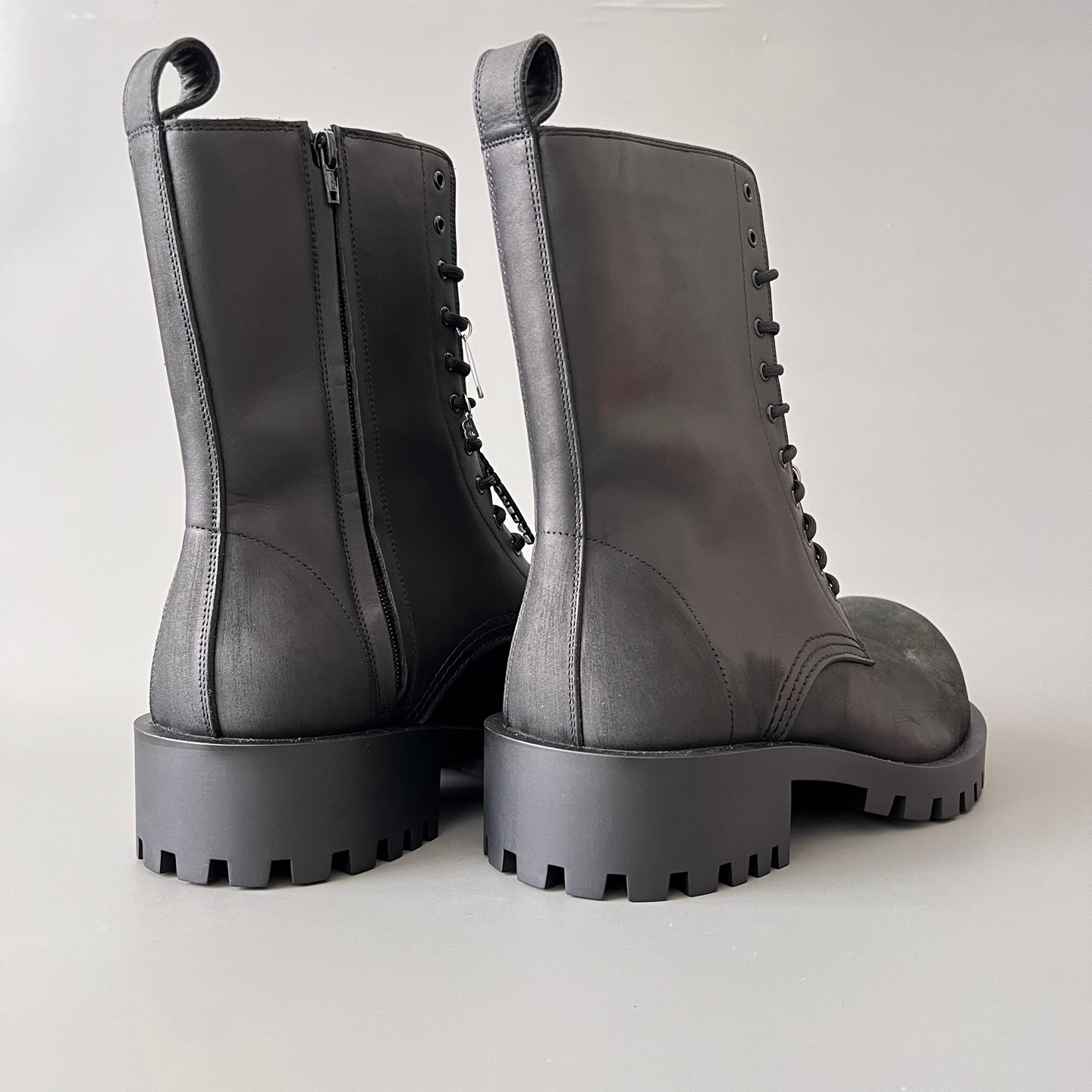 AuroraCustom Balenciaga Strike Series Charm-Adorned Heavily Distressed Matte Calfskin Combat Boots (Men's Edition) - Image 4