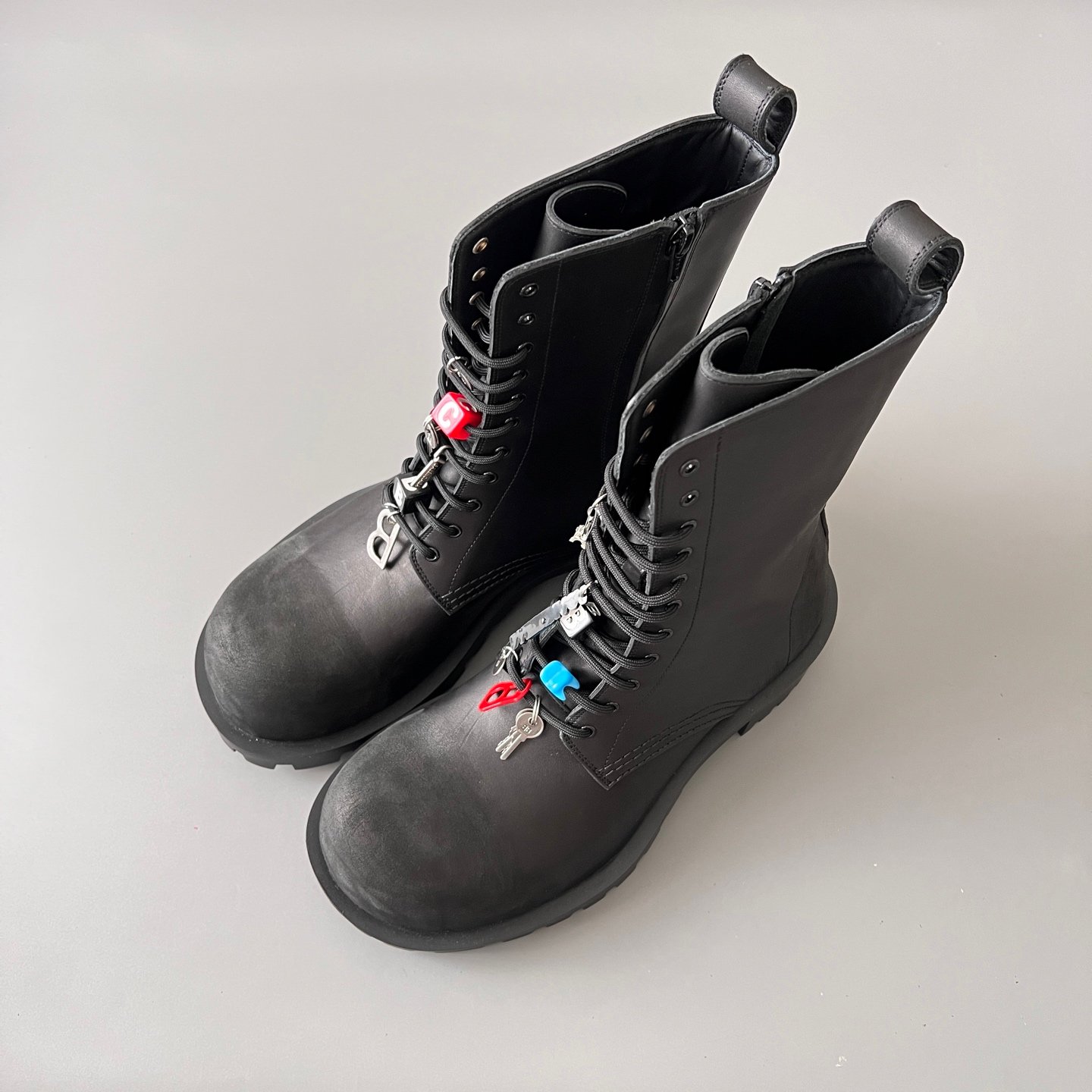 AuroraCustom Balenciaga Strike Series Charm-Adorned Heavily Distressed Matte Calfskin Combat Boots (Men's Edition) - Image 8