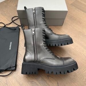 AuroraCustom Balenciaga Tractor Series Antique Burnished Silver Calfskin Heavy-Platform Side-Zip Combat Lace-Up Boots (Men's Edition)