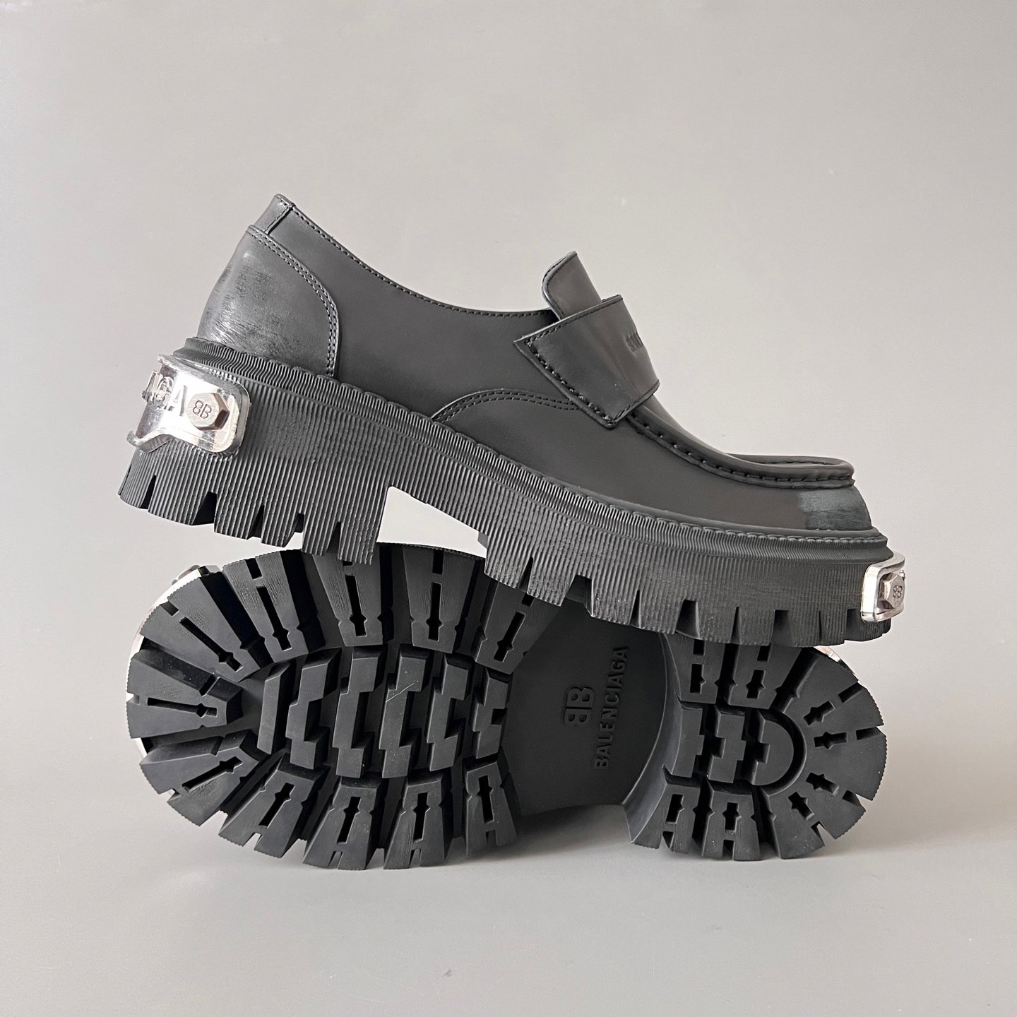 AuroraCustom Balenciaga Tractor Series Metal Hardware-Clad Semi-Gloss Leather Penny Loafers (Men's Edition) - Image 6