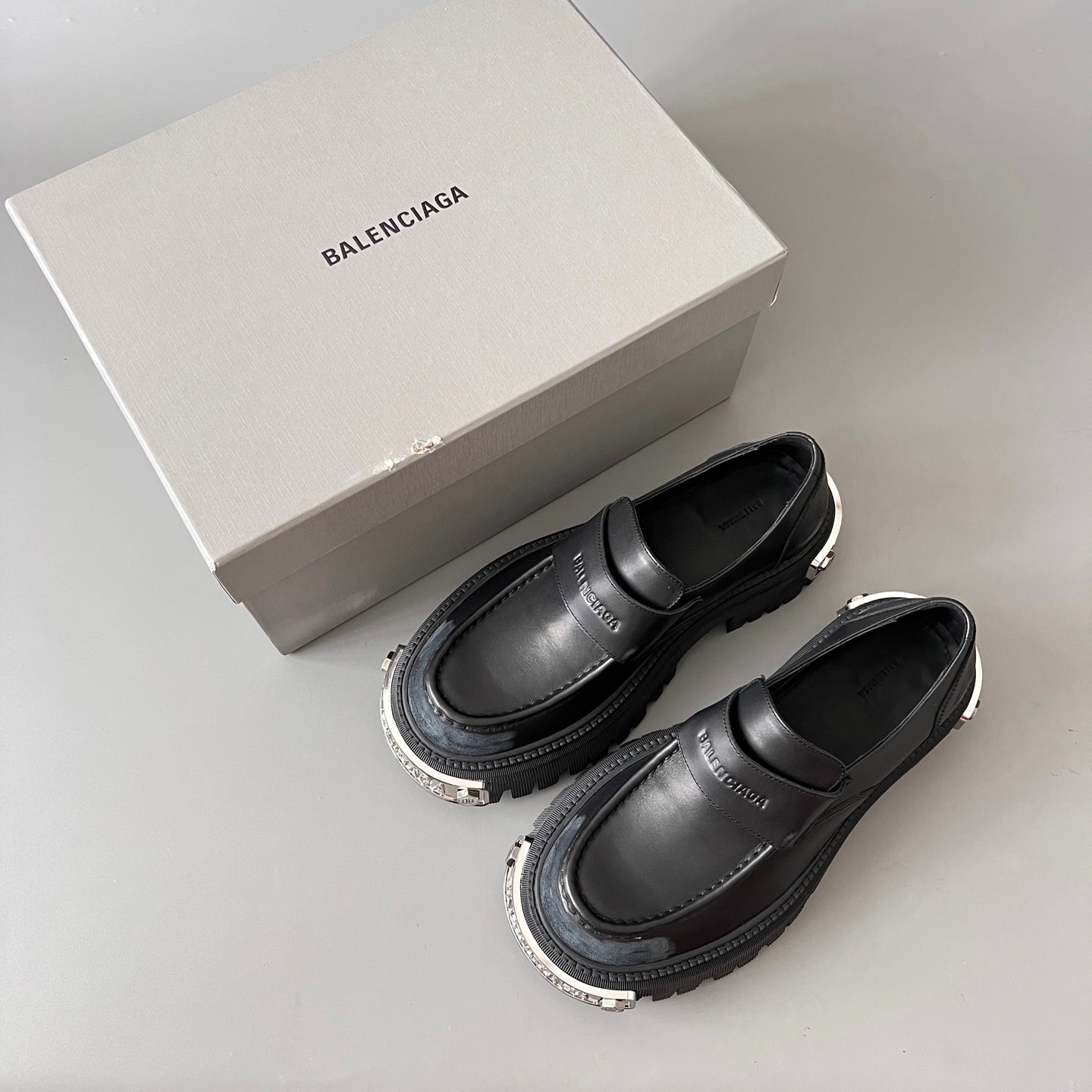 AuroraCustom Balenciaga Tractor Series Metal Hardware-Clad Semi-Gloss Leather Penny Loafers (Men's Edition) - Image 9