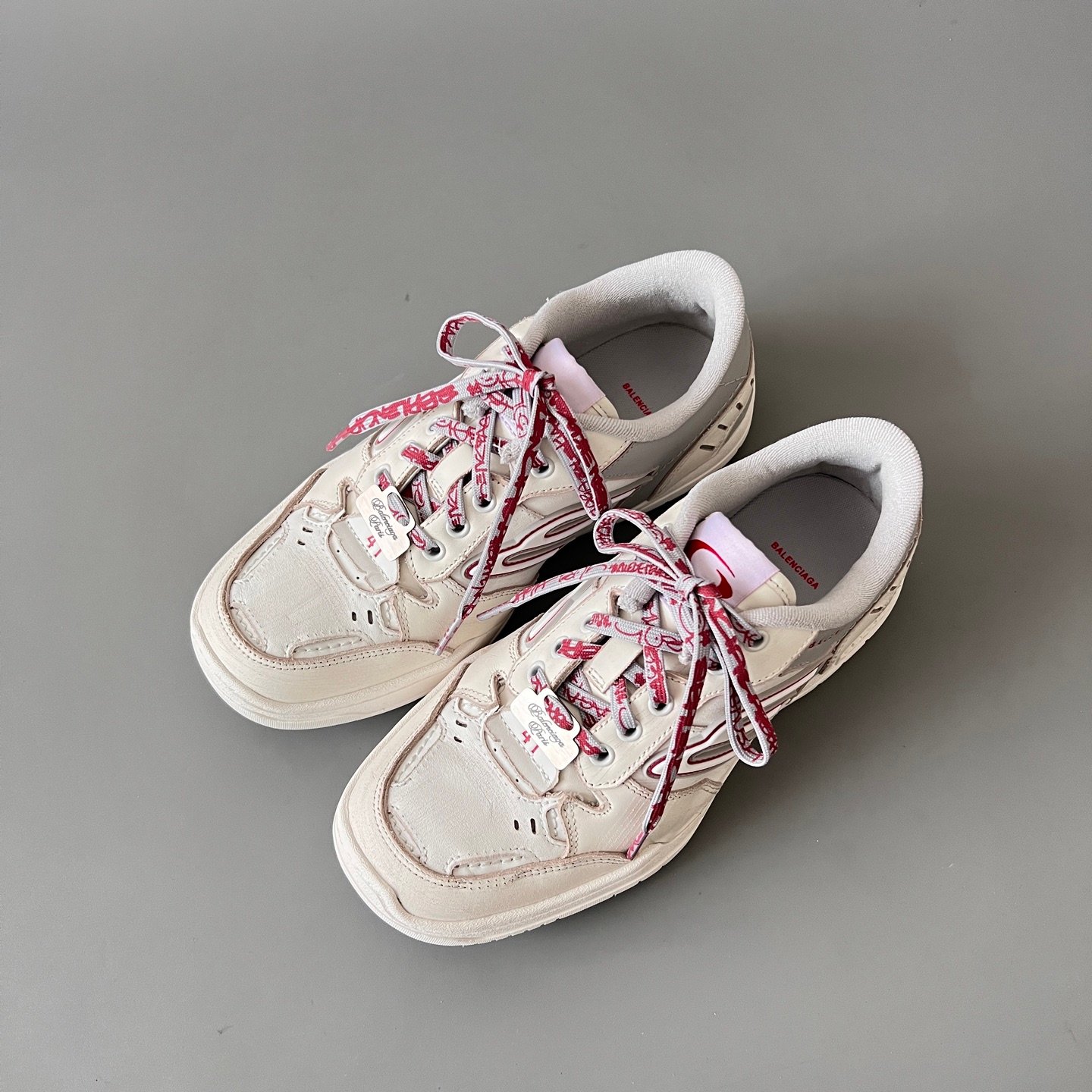 AuroraCustom Balenciaga Hamptons Series Vintage White & Slate Grey with Red Script Lifestyle Sneaker (Unisex Edition) - Image 8