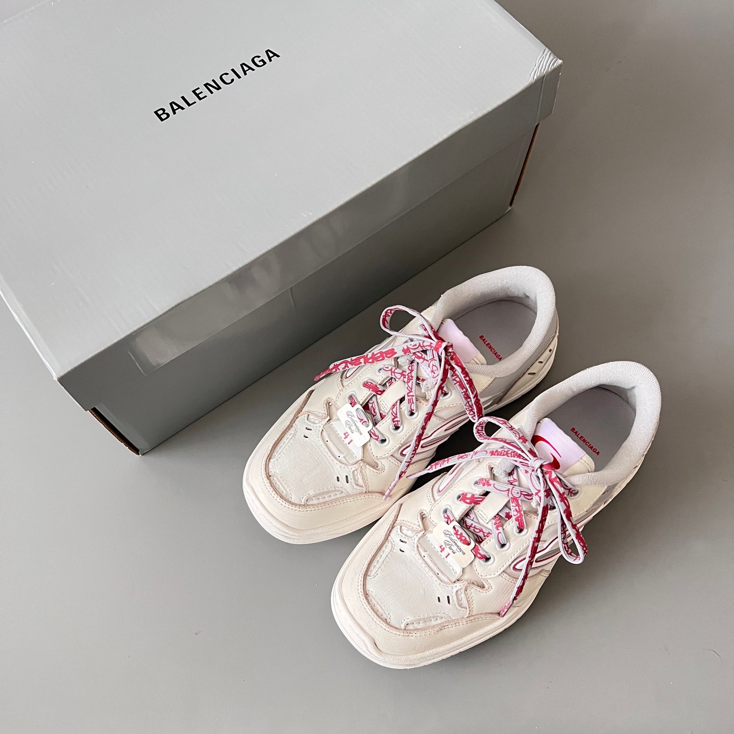 AuroraCustom Balenciaga Hamptons Series Vintage White & Slate Grey with Red Script Lifestyle Sneaker (Unisex Edition) - Image 9