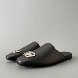 AuroraCustom Balenciaga Cozy Series Smooth Calfskin Silver BB-Hardware Flat Mule Sandals (Men's Edition)