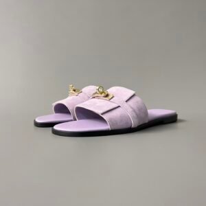 AuroraCustom Hermès Giulia Series Velvet Suede Flat Sandals (Monochromatic Lavender Purple & Permabrass Gold Hardware Edition)