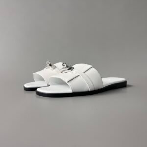 AuroraCustom Hermès Giulia Series Smooth Leather Flat Sandals (Monochromatic Pristine White & Palladium Hardware Edition)