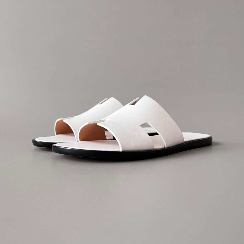 AuroraCustom Hermès Izmir Series Smooth Leather Flat Sandals (Pristine Optic White, Tonal White Footbed & Edge-Blackened Leather Sole Edition)