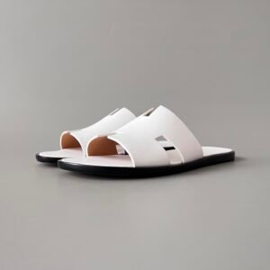 AuroraCustom Hermès Izmir Series Smooth Leather Flat Sandals (Pristine Optic White, Tonal White Footbed & Edge-Blackened Leather Sole Edition)