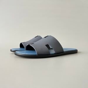 AuroraCustom Hermès Izmir Series Grained Epsom Leather Flat Sandals (Slate Graphite Grey, Cadet Blue Footbed & Edge-Blackened Leather Sole Edition)