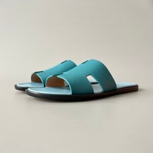 AuroraCustom Hermès Izmir Series Grained Epsom Leather Flat Sandals (Ocean Teal Blue, Sky Ice Blue Footbed & Edge-Blackened Leather Sole Edition)