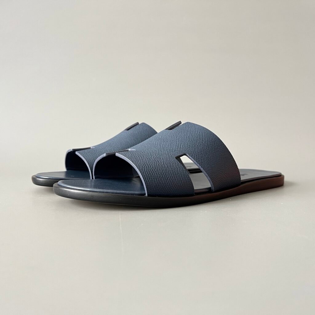 AuroraCustom Hermès Izmir Series Grained Epsom Leather Flat Sandals (Monochromatic Marine Navy & Edge-Blackened Leather Sole Edition)